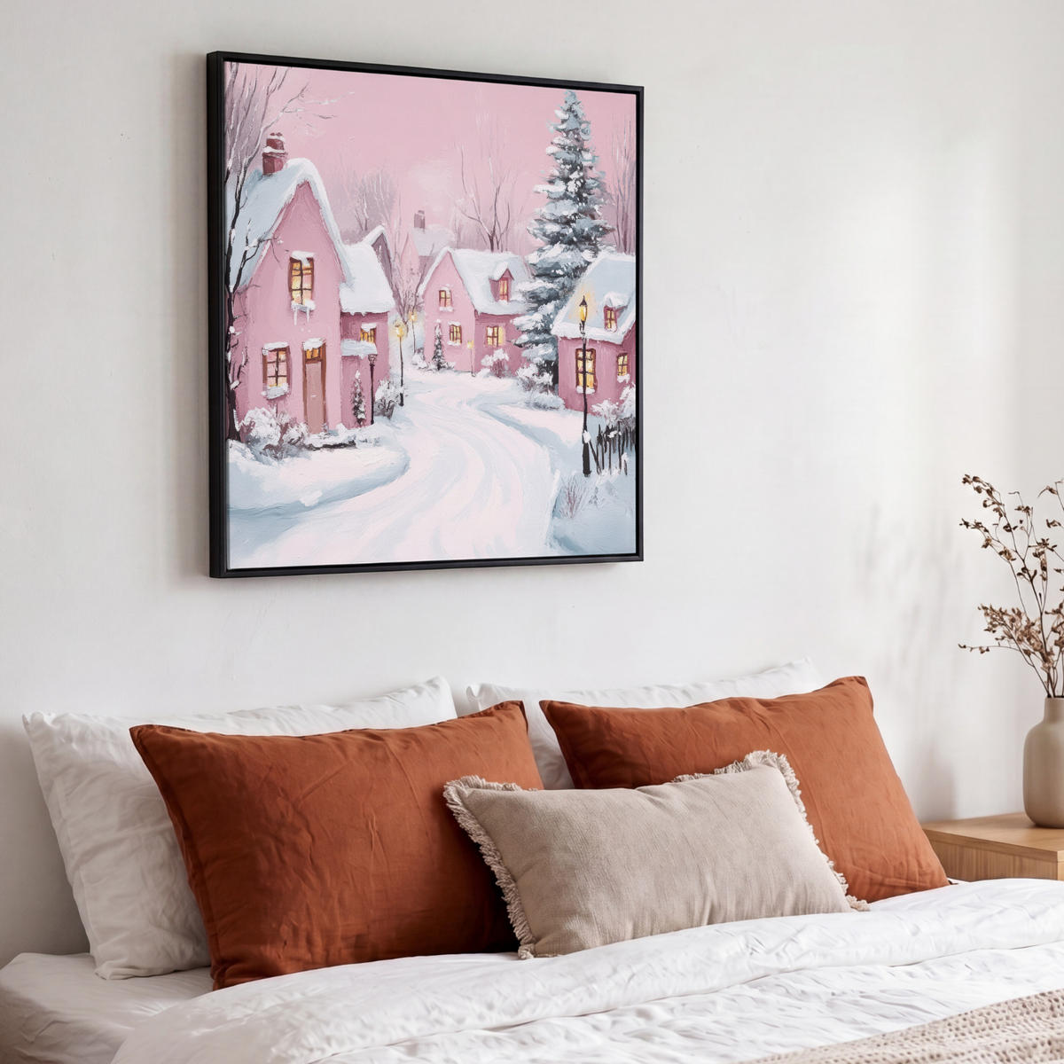 LEINWAND Bilder mit Rahmen - Weihnachtsdorf - Rosa - Winter - Schnee - Häuser - 50x50 - Altrosa, Textil (50/50cm) - MuchoWow
