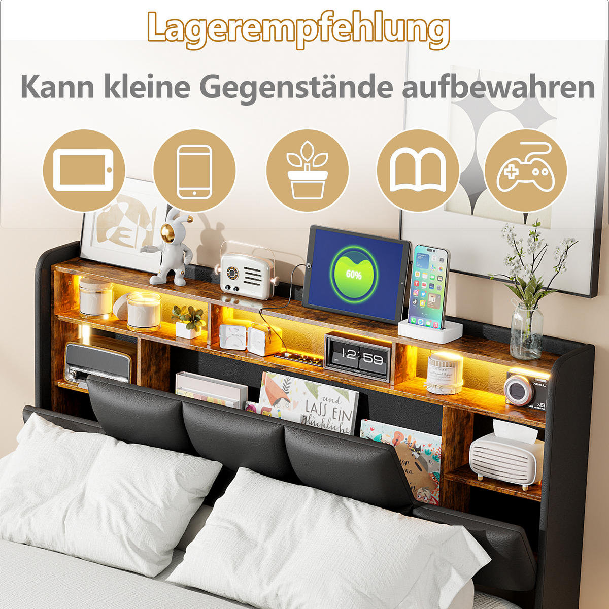 POLSTERBETT mit Stauraum 160x200 cm, USB, LED & Lattenrost, schwarz - Schwarz, Metall (160/200cm)