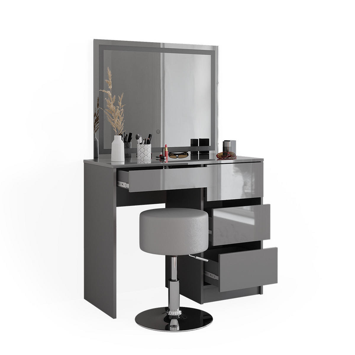SCHMINKTISCH Sherry Grau 90 cm mit LED Spiegel und Hocker - Grau, Holzwerkstoff (90/75/40cm) - Vicco