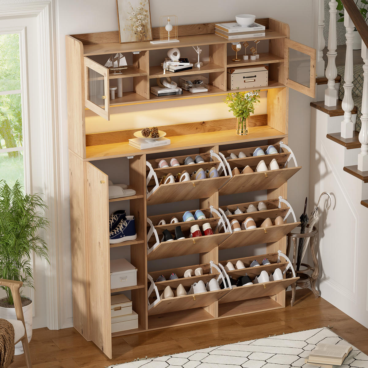 SCHUHSCHRANK 130x25x180cm mit Glas, LED und 6 Klappen - Naturfarben, Holzwerkstoff (130/180/25cm) - FLIEKS