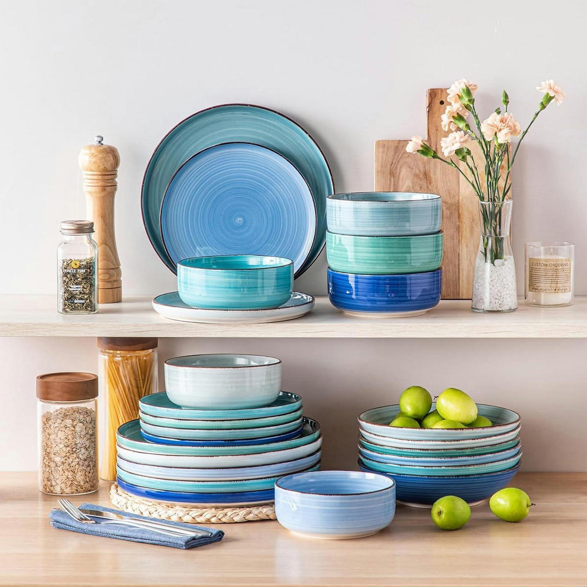 TAFELSERVICE 24-teiliges Set Steingut Blau - Multicolor, Keramik (30.5/30.5/55.9cm)