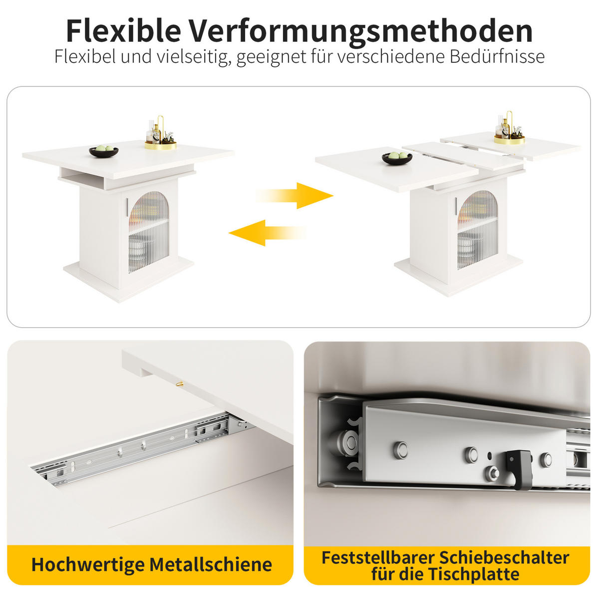 AUSZIEHBARER Esstisch aus MDF mit Ablage & Glas-Türen, 110–140/80/76 cm, Weiß - Weiß, Holzwerkstoff (140/80/76cm) - Redom