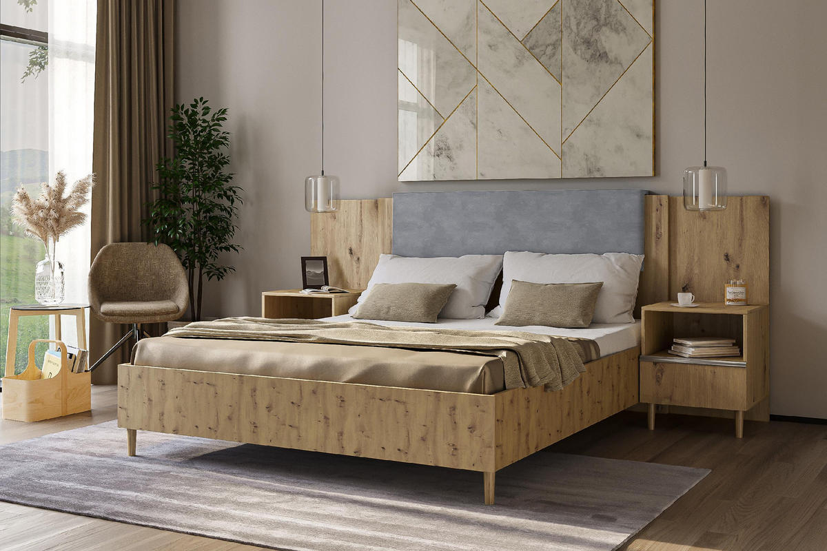 DOPPELBETT Luk III 160/200 cm ohne Matratze, Lattenrost, Bettkasten, artisan, grau - Eiche Artisan/Grau, Kunststoff (160/200cm) - Margaret Hadas24