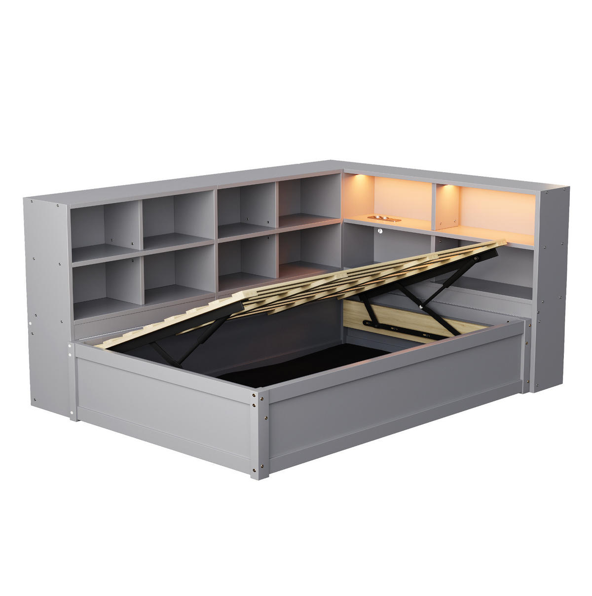 BETT 90/200 cm Grau aus Holz mit LED-Lichtleiste und Stauraum - Grau, Holz (90/200cm) - OKMYHOME