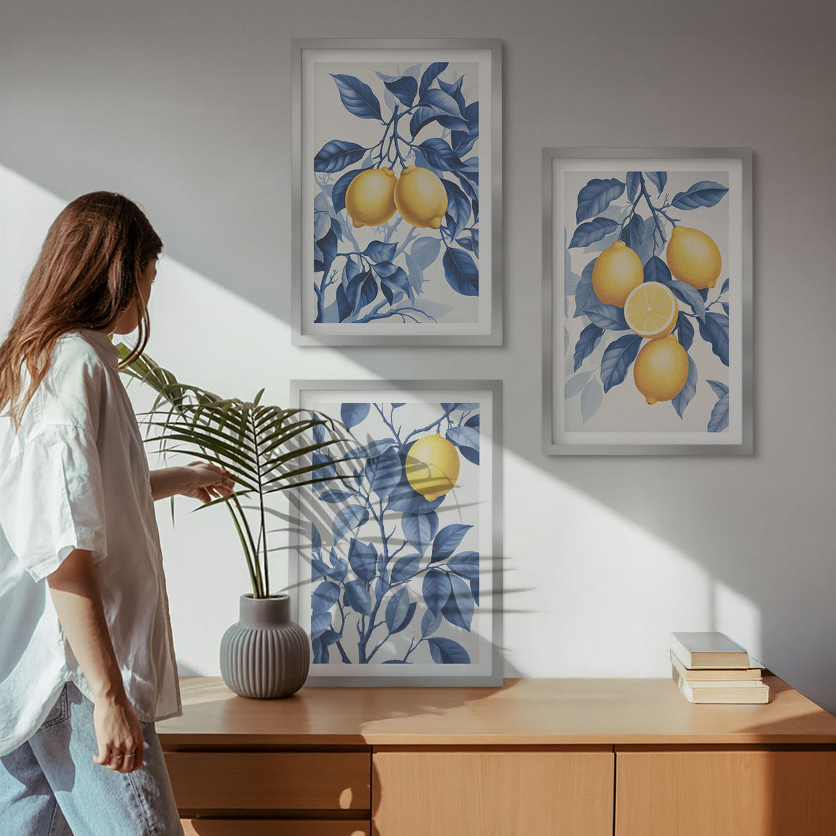 WANDBILDER 3er Set - 40x60 cm Silberner Rahmen - Zitronenzweige mit blauen Blättern - Silberfarben, Kunststoff (40/60cm) - ArtPrintCave