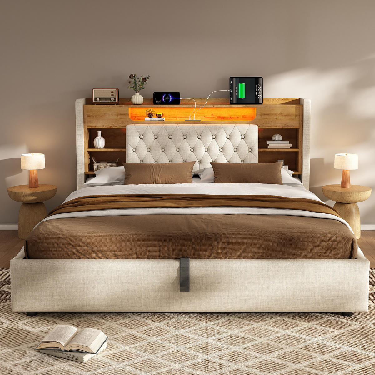 POLSTERBETT aus Leinen 160x200 cm Beige mit hydraulischem Bettkasten, LED, USB-C und Kopfteilregal - Beige, Textil (160/200cm) - Modfu