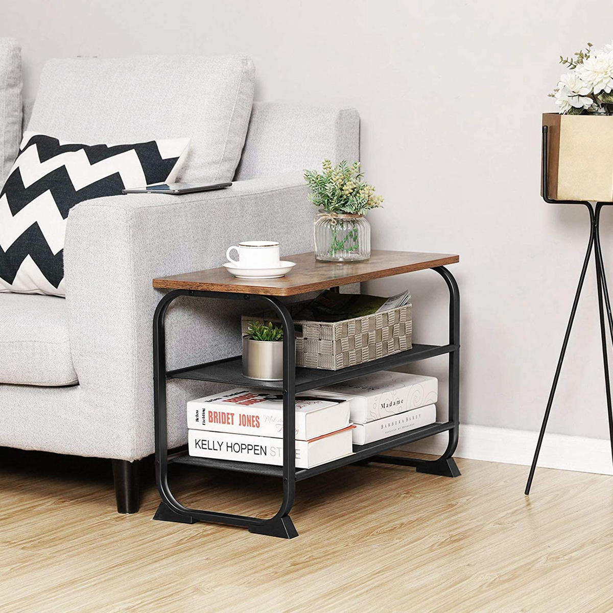 SCHUHBANK Metall Holzoptik Dunkelbraun Schwarz 3 Ebenen 66×30×45 cm - Dunkelbraun/Schwarz, Holzwerkstoff/Metall (30/45/66cm) - Begryf