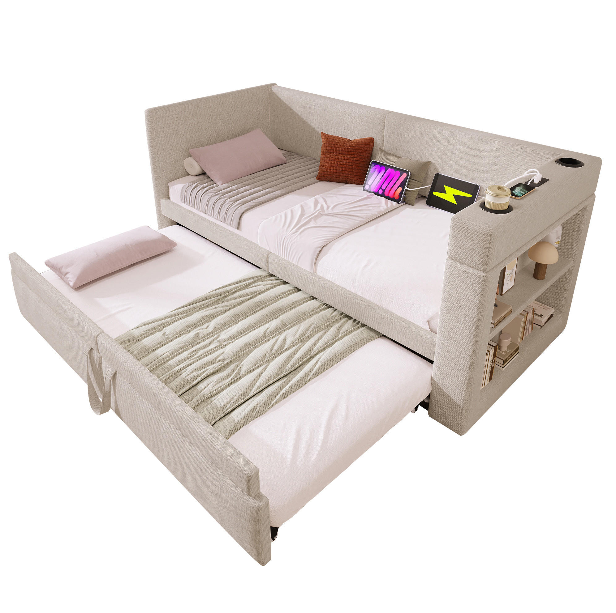 POLSTERBETT 90/200 cm Beige aus Baumwolle und Leinen mit Ausziehbett - Beige, Textil (90/200cm) - OKMYHOME