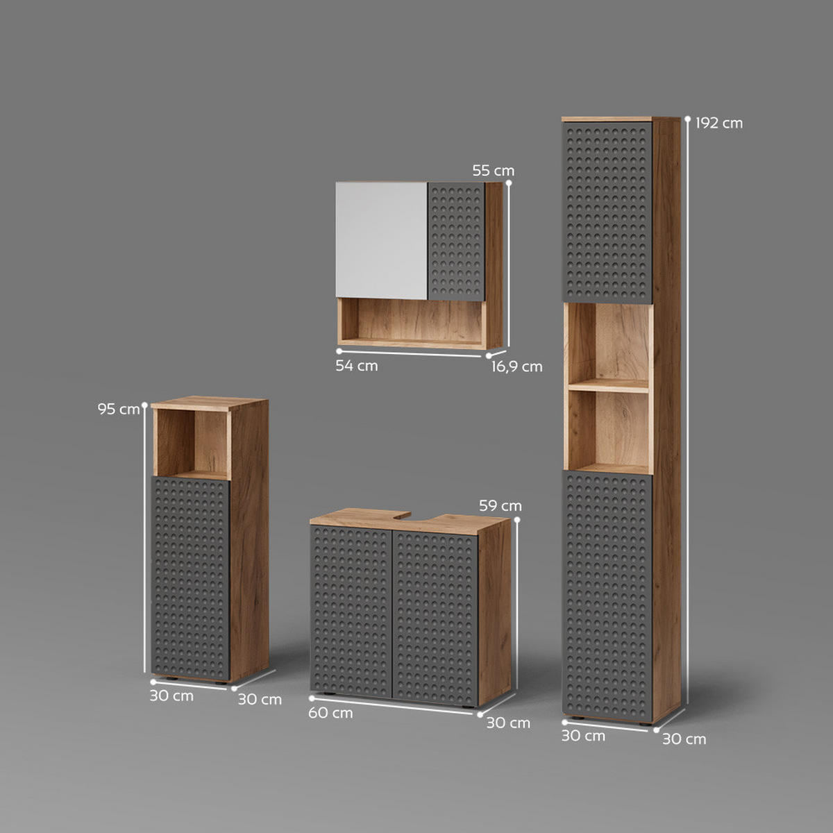 BADMÖBEL-SET Ronco Anthrazit gepunktet 4 Teile, mit Hochschrank - Anthrazit/Eiche Wotan, Holzwerkstoff (80/58.6/41cm) - Livinity®
