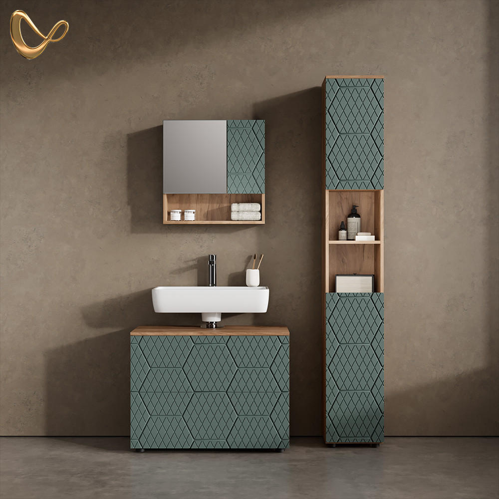 BADMÖBEL-SET Ronco Grün/Goldkraft Eiche 3 Teile, mit Schubladenschrank und Hochschrank - Honigeiche/Grün, Holzwerkstoff (80/58/41cm) - Livinity®