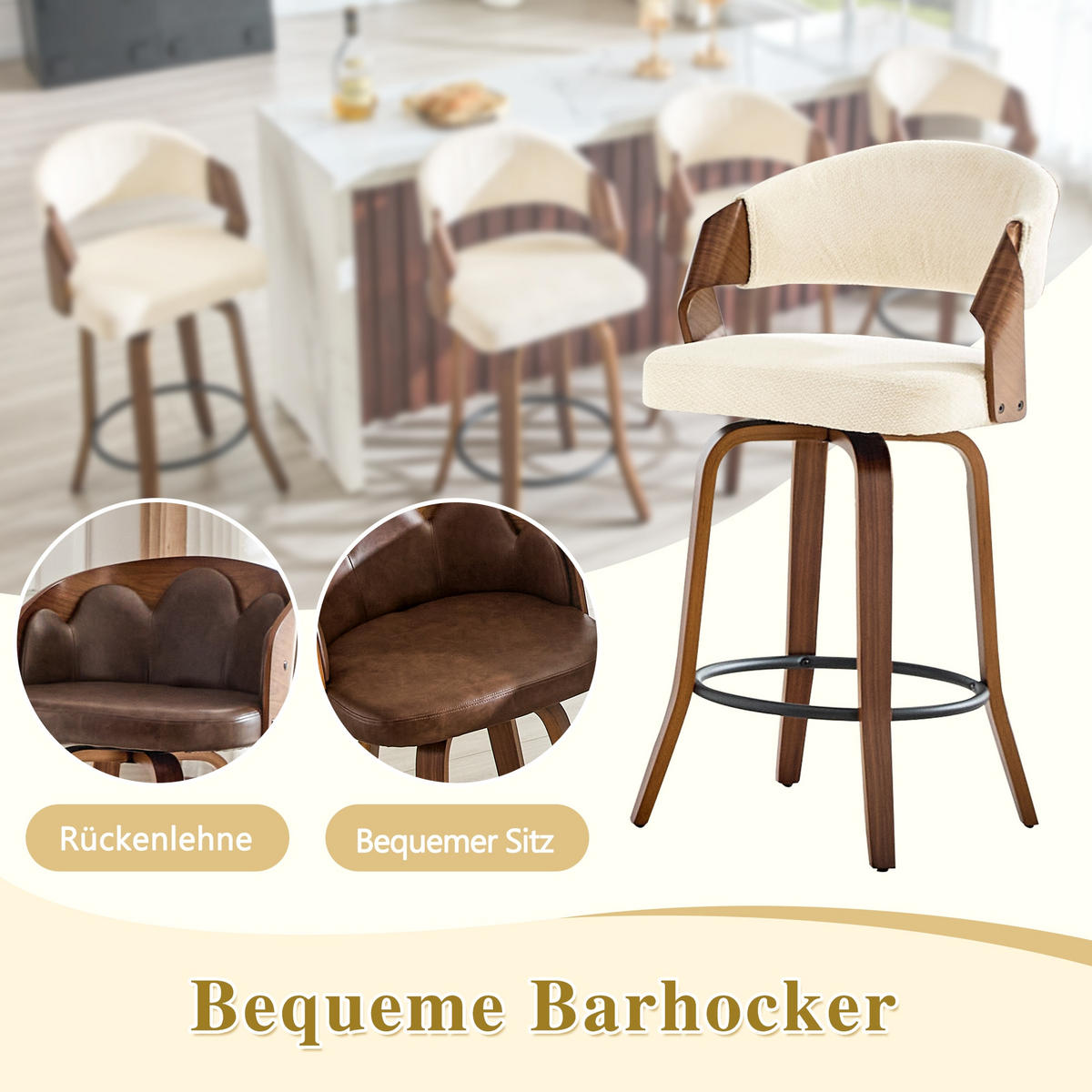 BARHOCKER Weiß 2er-Set mit Rückenlehne und Holzgestell - Weiß, Holz (51/95/42cm) - PANGIVO