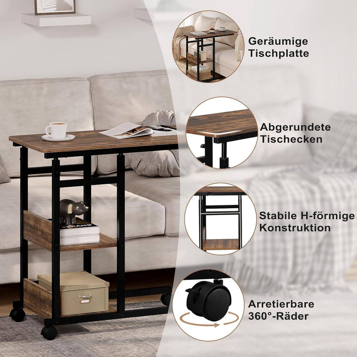 BEISTELLTISCH C Form, mit Rollen, Vintage-Holzoptik - Dunkelbraun/Schwarz, Holzwerkstoff/Metall (40/80/76cm) - Woltu