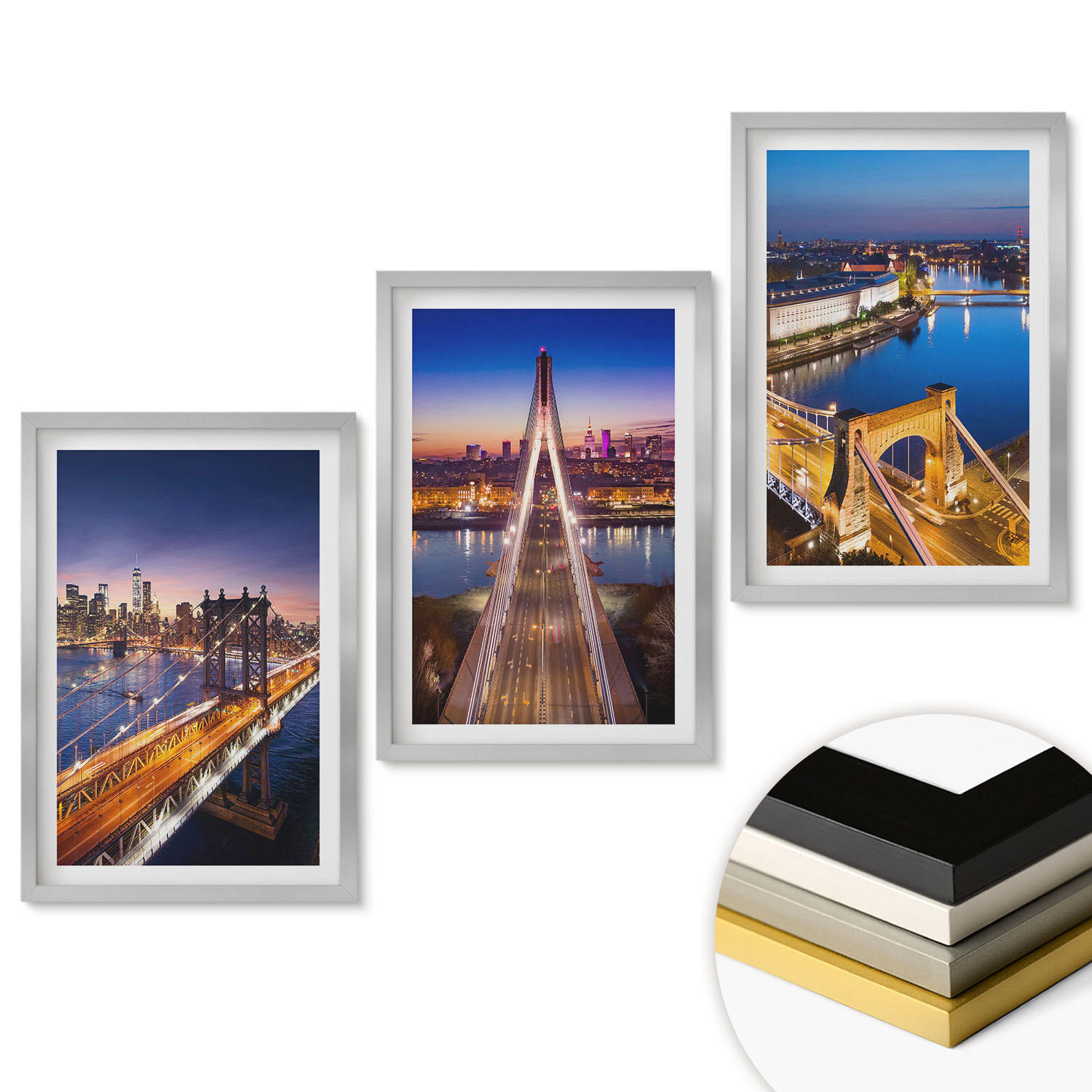 WANDBILDER 3er Set - 40x60 cm Silberner Rahmen - Städte bei Nacht, Brücken, Flüsse - Silberfarben, Kunststoff (40/60cm) - ArtPrintCave