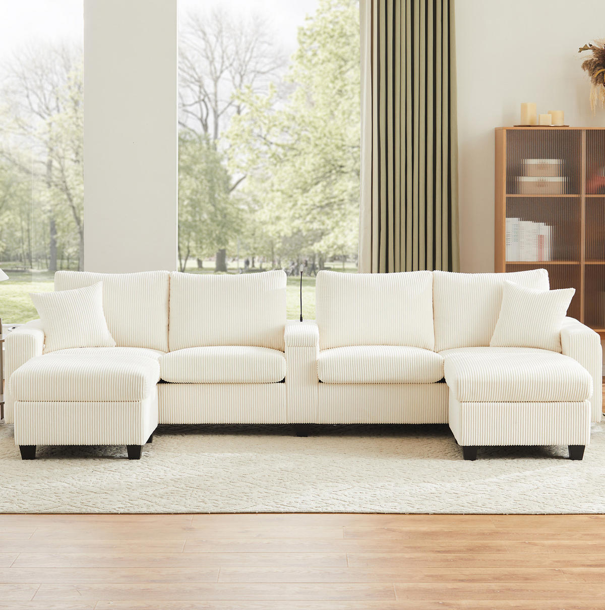 SOFA U-Form mit 2 Hockern 334 x 128,5 x 81 cm Cord Beige - Beige, Kunststoff (128.5/81/334cm) - Meubliv