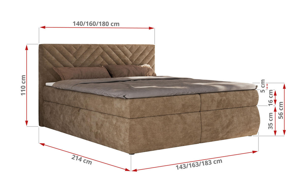 BOXBETT AVERTA 180/200 - Braun Schenille glatt - H3 - Braun, Textil (180/200cm) - MKS