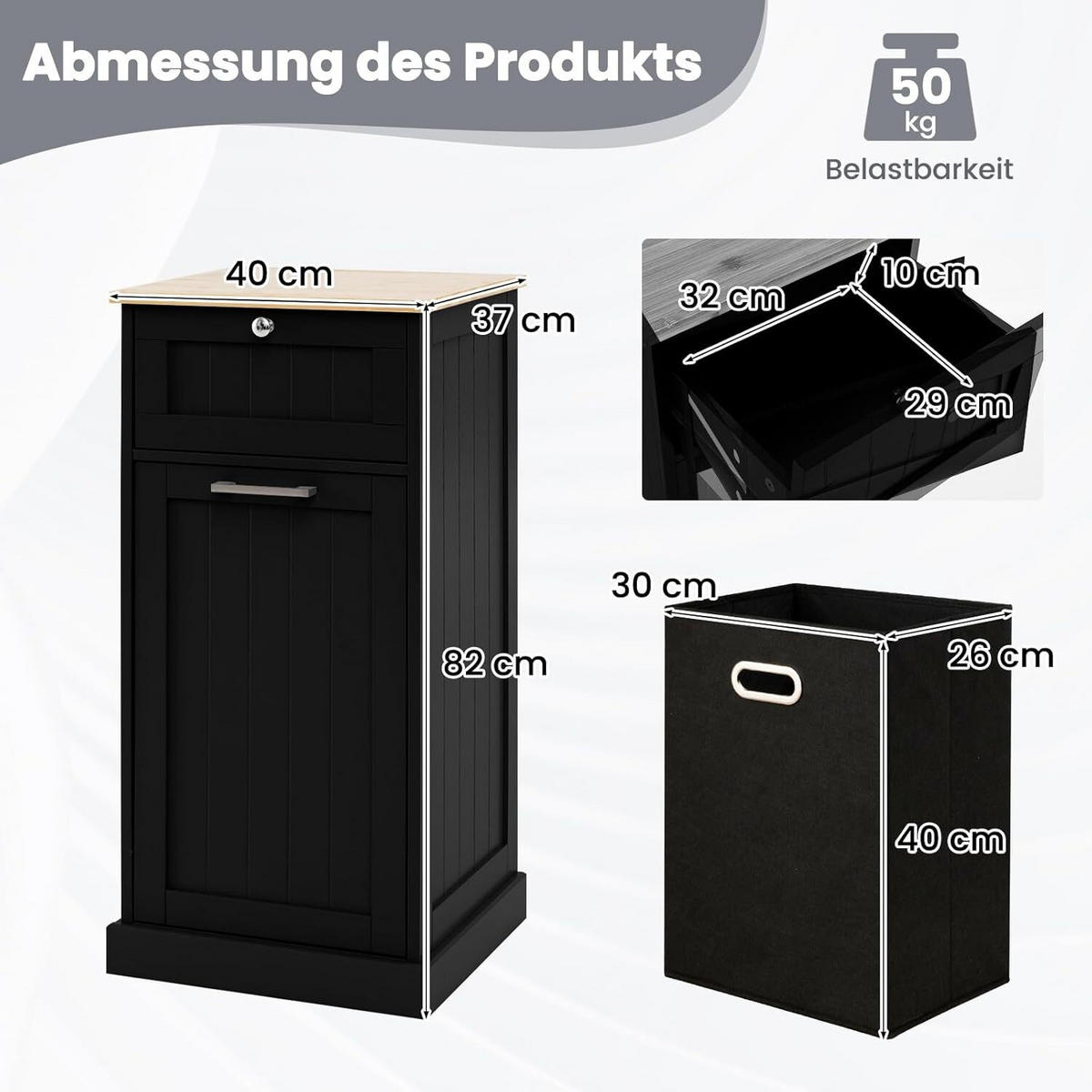 WÄSCHESCHRANK mit Wäschekorb Schwarz - Schwarz, Holzwerkstoff (40/82/37cm) - COSTWAY