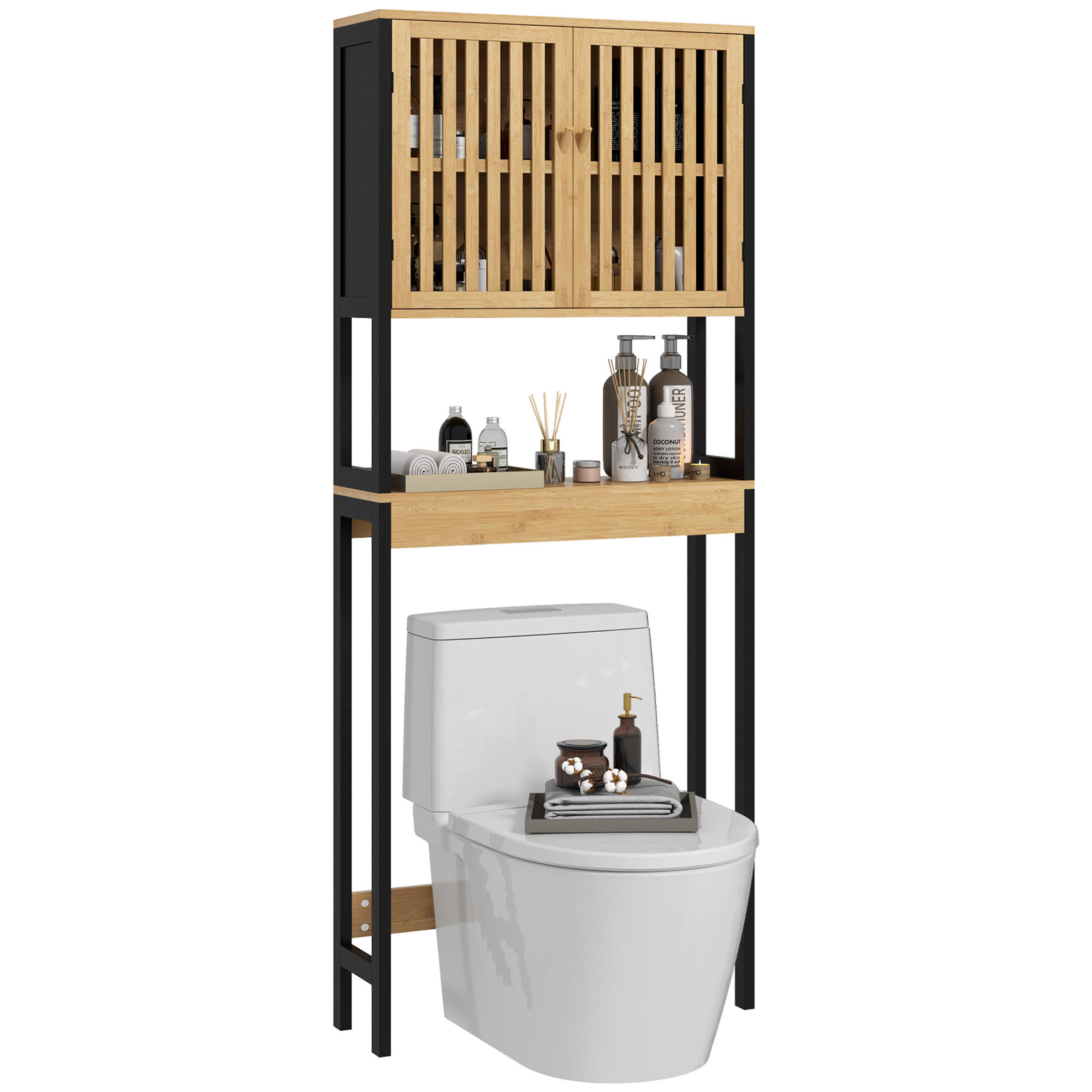 BADEZIMMERREGAL DE-15883 mit 2 Türen & offenem Fach Bambus - Naturfarben, Holzwerkstoff (21.5/172/60cm) - ComfortXL