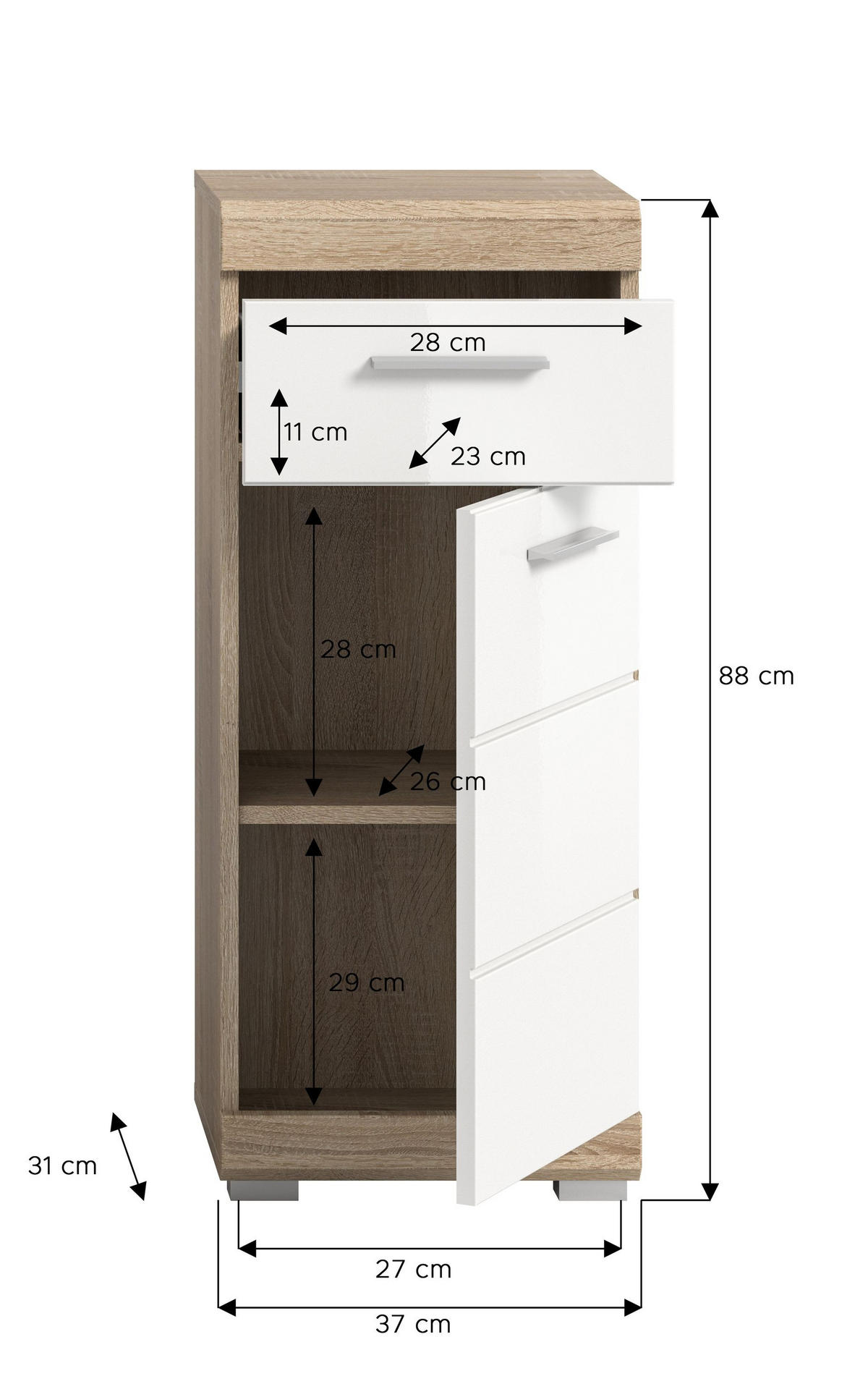 STANDSCHRANK Lambada Bad in Sonoma Eiche hell und weiß hochglanz B/H/T: 37x88x31 cm - Eichefarben, Holz (37/88/31cm)