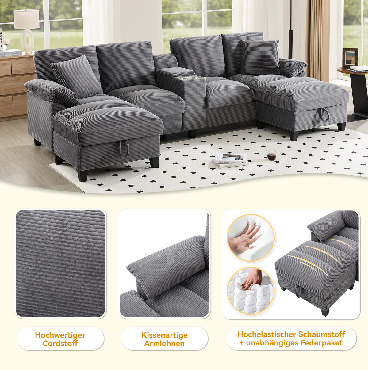 WOHNLANDSCHAFT U-Form 293/142/93 cm in Grau – mit Stauraum, USB und Getränkehalter - Grau, Textil (93/293/142cm) - BEAOK
