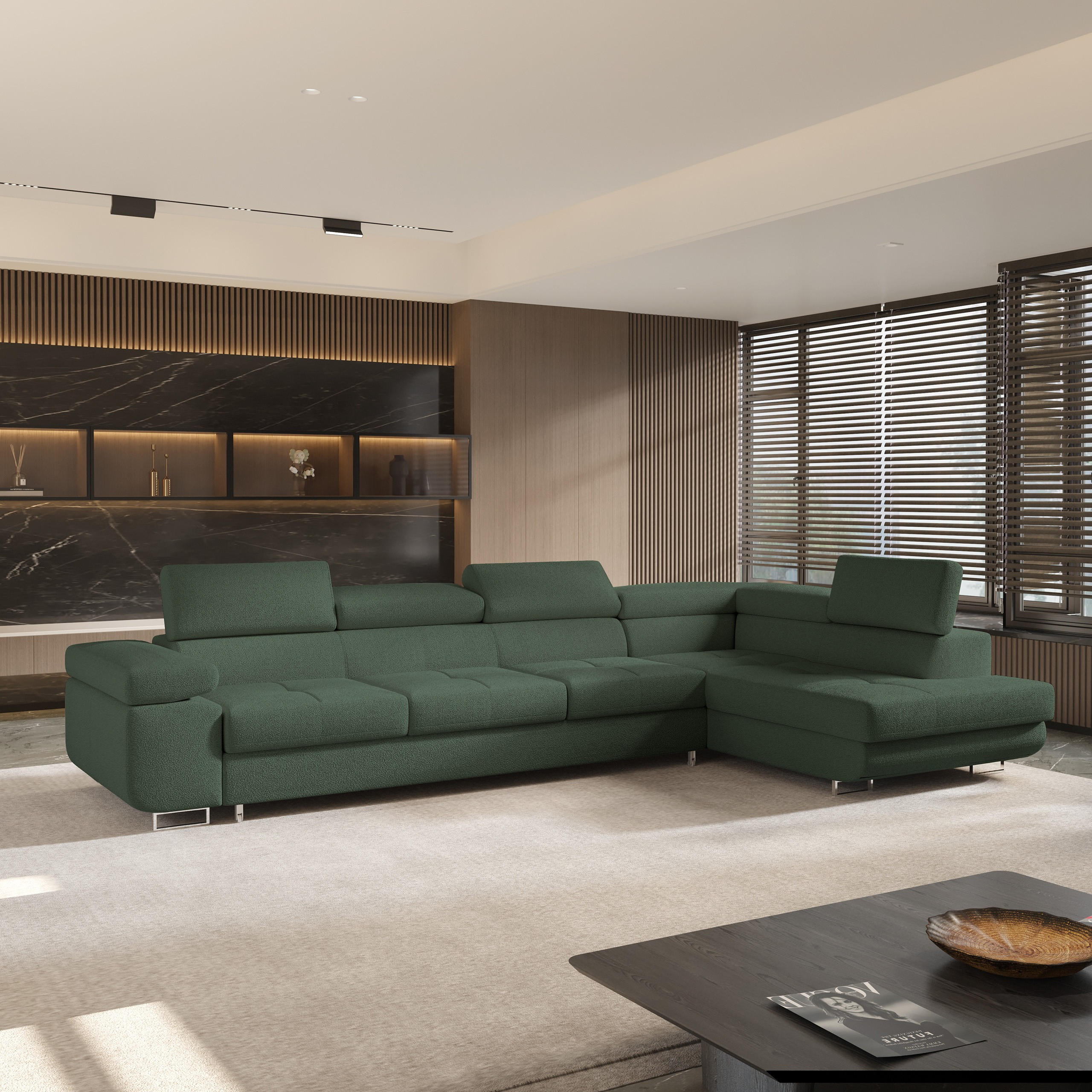ECKSOFA VICENTE Grün Boucle-Stoff mit Schlaffunktion - Grün, Holz (346/202cm) - MASSENO