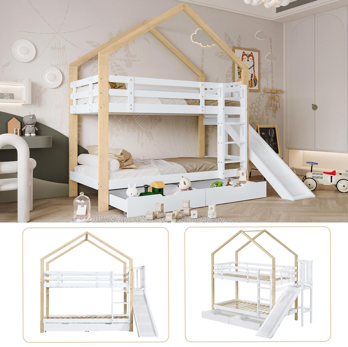 HAUS-ETAGENBETT 90x200 cm in Weiß/Natur mit Rutsche, Schubladen und Absturzsicherung - Weiß, Holzwerkstoff (90/200cm) - IVMEU