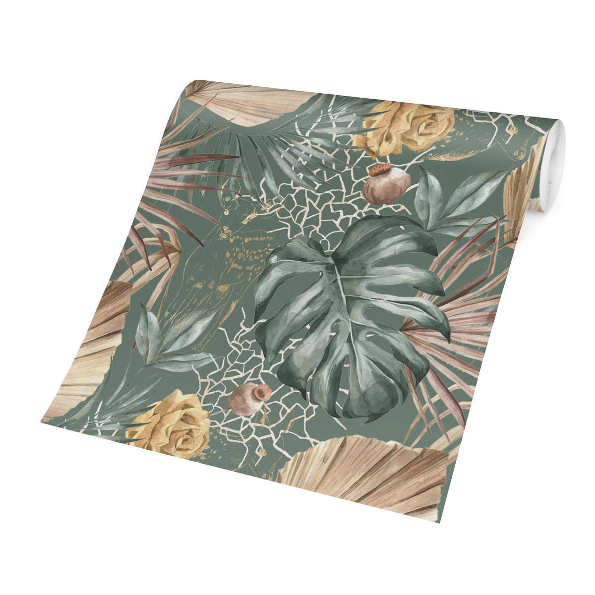 FOTOTAPETE Große Blätter mit Rosen vor Grün 432/290 cm - Grün, Papier (432/290cm) - Bilderwelten