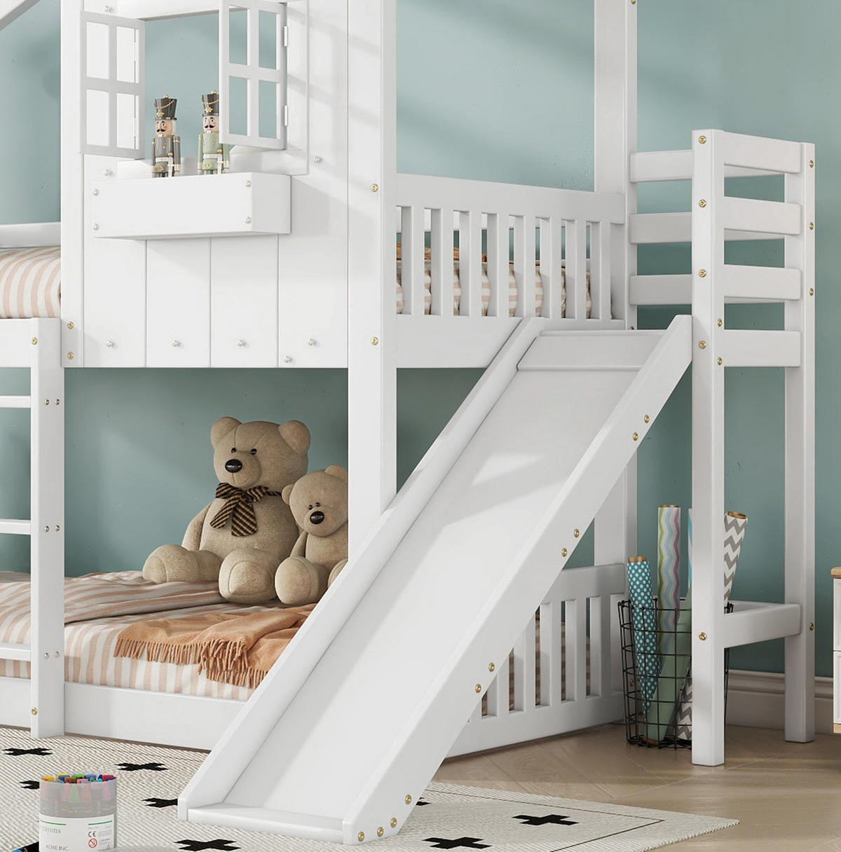 ETAGENBETT aus Kiefer und MDF 90x200 cm Weiß/Natur mit Rutsche, Dach, Fenstern und Fallschutz - Weiß, Holzwerkstoff (90/200cm) - Modfu