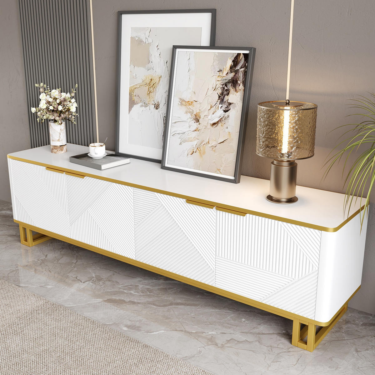 TV-ELEMENT160X37,5X48CM WeißGold mit geometrischem Design und 4 Türen - Weiß, Holz (45.09/14.61/175.26cm) - Raelunyi
