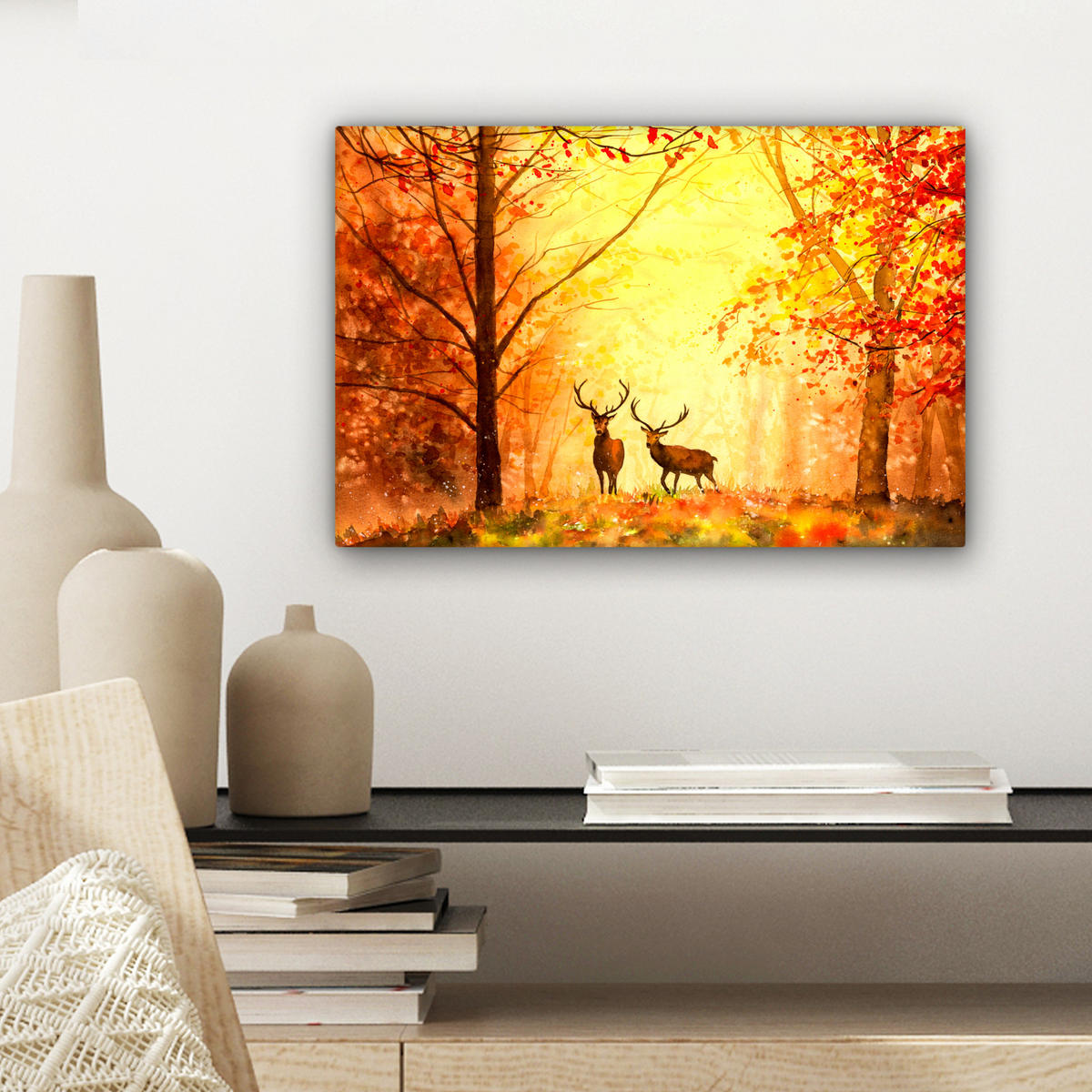 LEINWANDBILD Natur - Ölfarbe - Hirsche - Tiere - Herbst - Orange Deko Schlafzimmer 30x20 cm - Orange, Textil (30/20cm) - MuchoWow