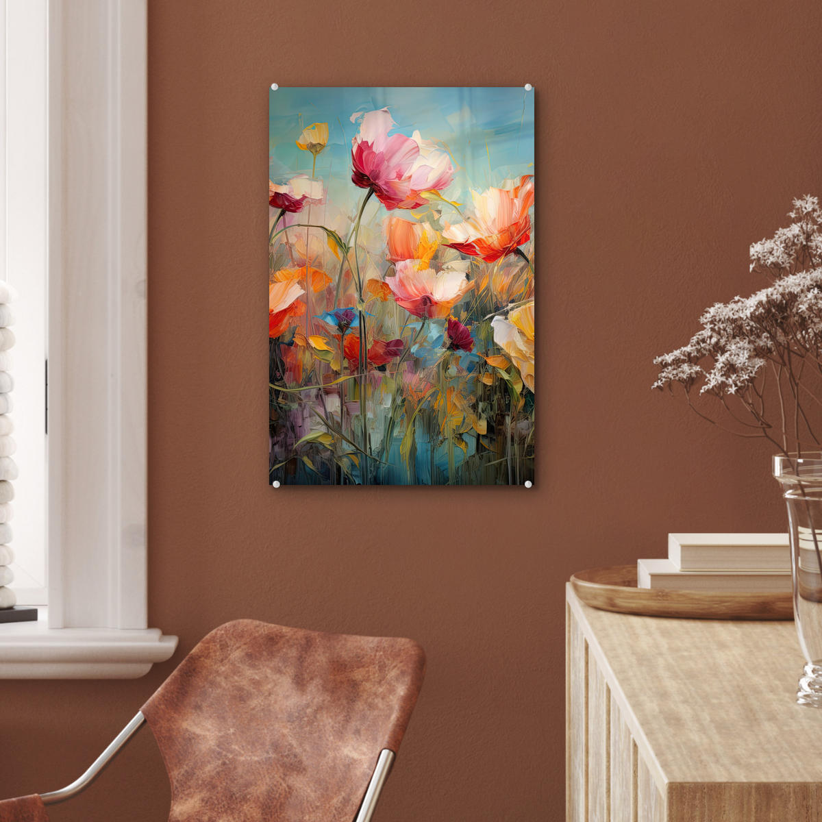 ACRYLGLASBILD Blumen - Aquarell - Kunst - Botanisch - Natur 40x60 cm - Orange, Glas (40/60cm) - MuchoWow