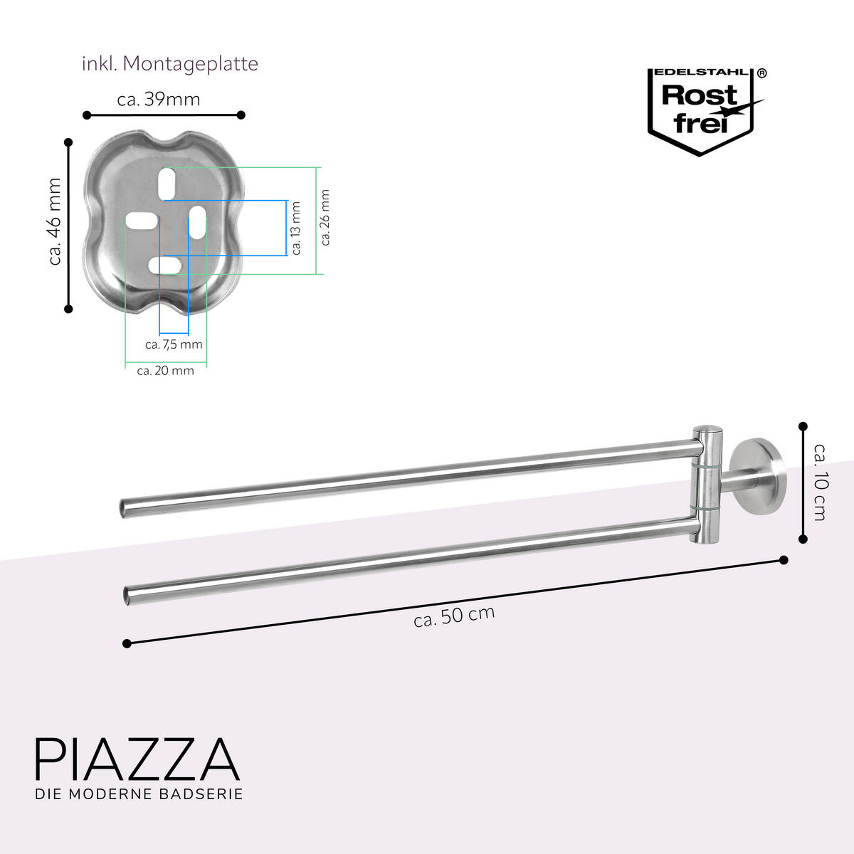HANDTUCHSTANGE PIAZZA Edelstahl, inkl. Klebeset - Silberfarben, Metall (5.8/10/50cm) - bremermann
