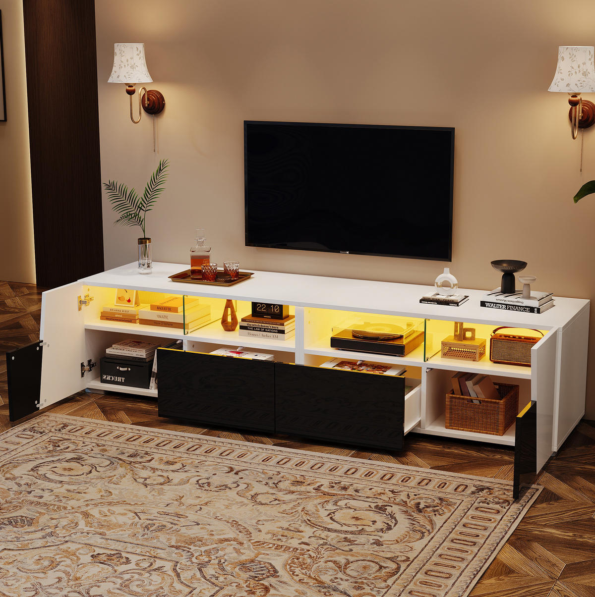 TV-ELEMENT mit LED 180 x 38,5 x 45 cm Hochglanz Schwarz/Weiß - Weiß, Glas (38.5/45/180cm) - Beauniv