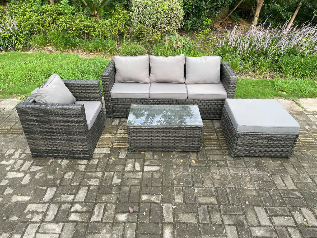 GARTENSET mit Couchtisch Polyrattan 5-Sitzer - Dunkelgrau, Metall - Fimous