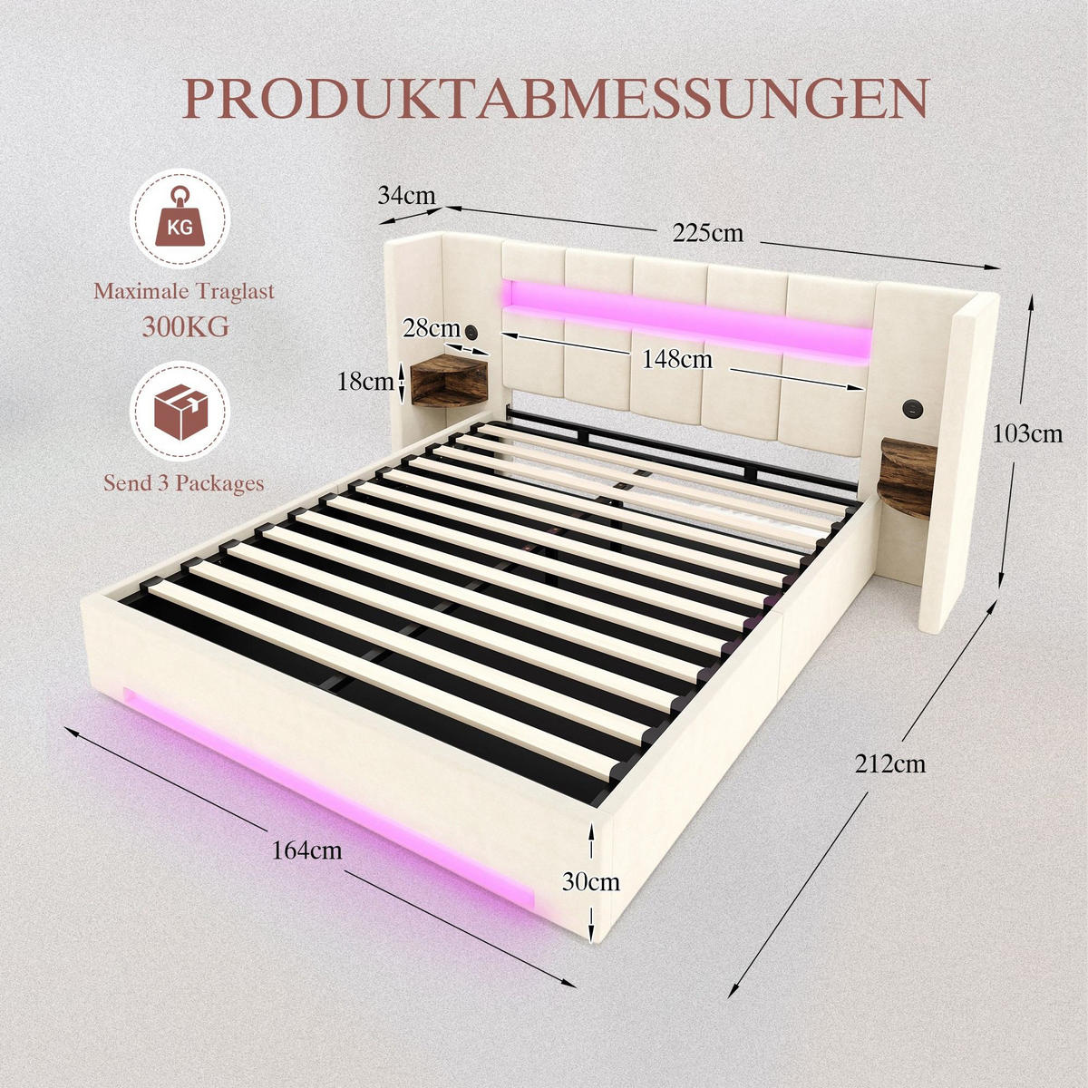 BOXBETT 160/200 mit Bettkasten, LED, USB/Typ C-Ladeanschluss,Samt,Beige - Beige, Metall (160/200cm) - LVHOM
