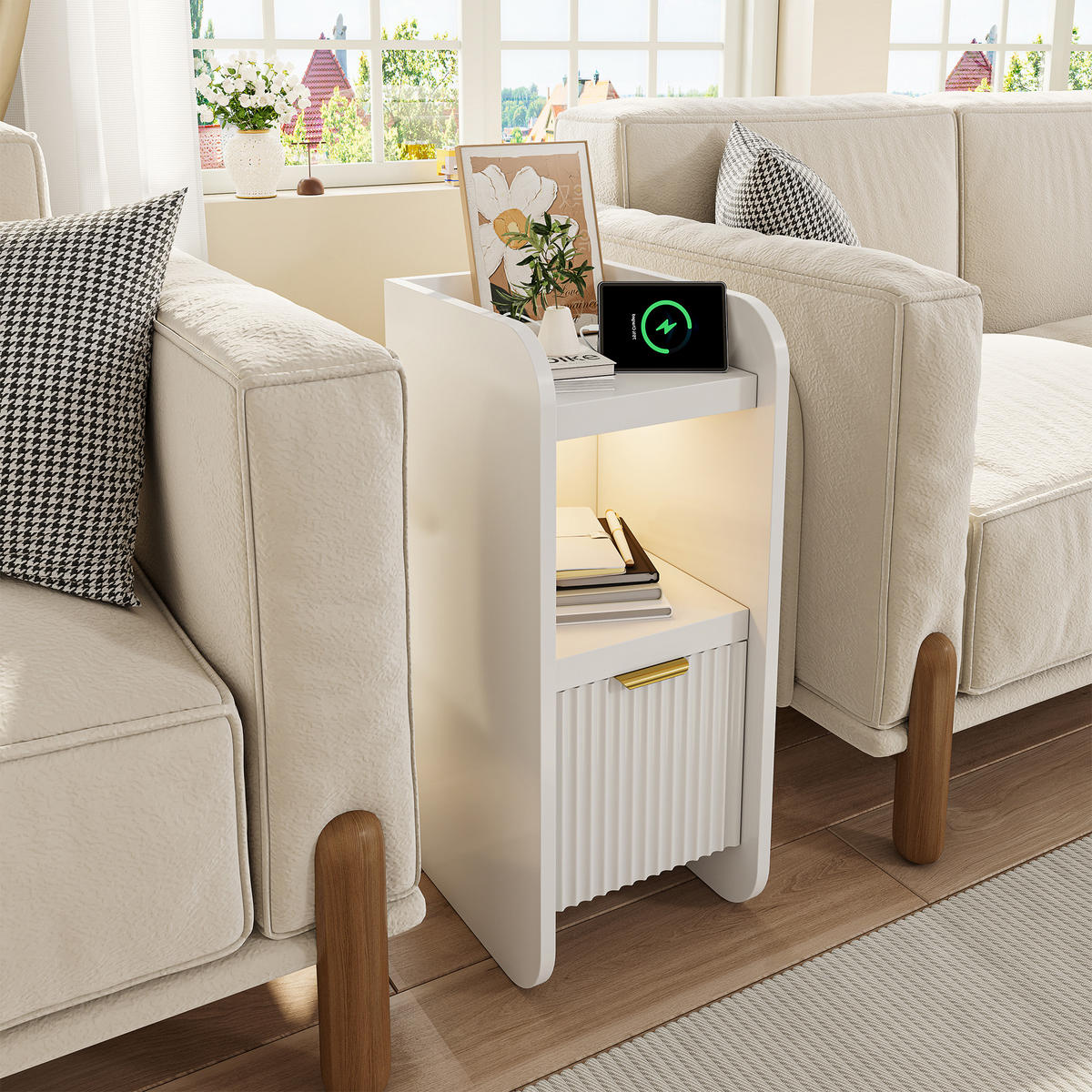 NACHTTISCH 2er Set mit LED-Beleuchtung & Ladestation, Bettseitentisch mit 1 Schubladen, in Weiß, 25/30/60 cm - Goldfarben/Weiß, Holz/Metall (30/60/25cm) - BPKADHY