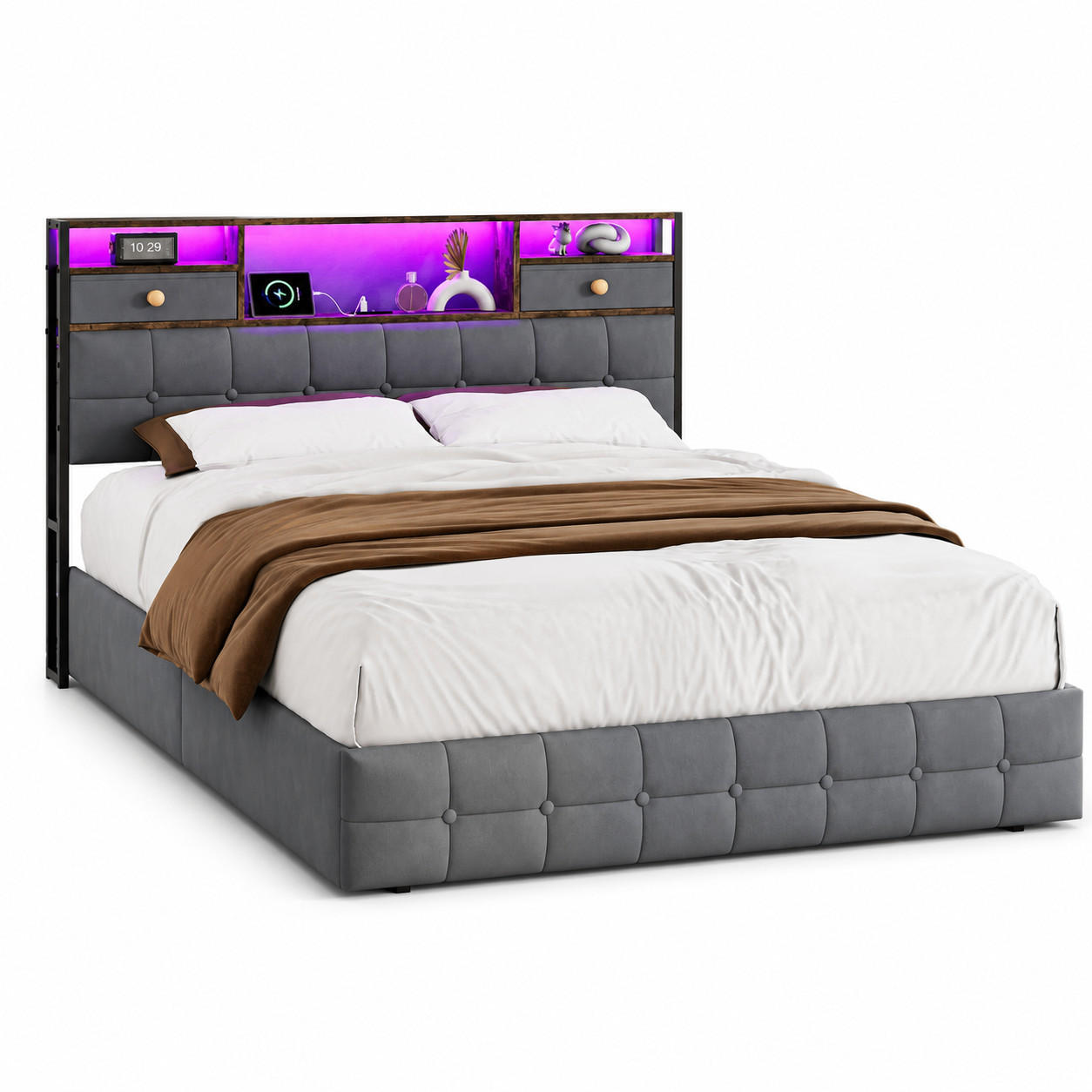 POLSTERBETT 140/200 cm Grau aus Samt,Schubladenbett mit LED-Beleuchtung - Grau, Holz/Metall (160/200cm) - FURNISHINGS HOME