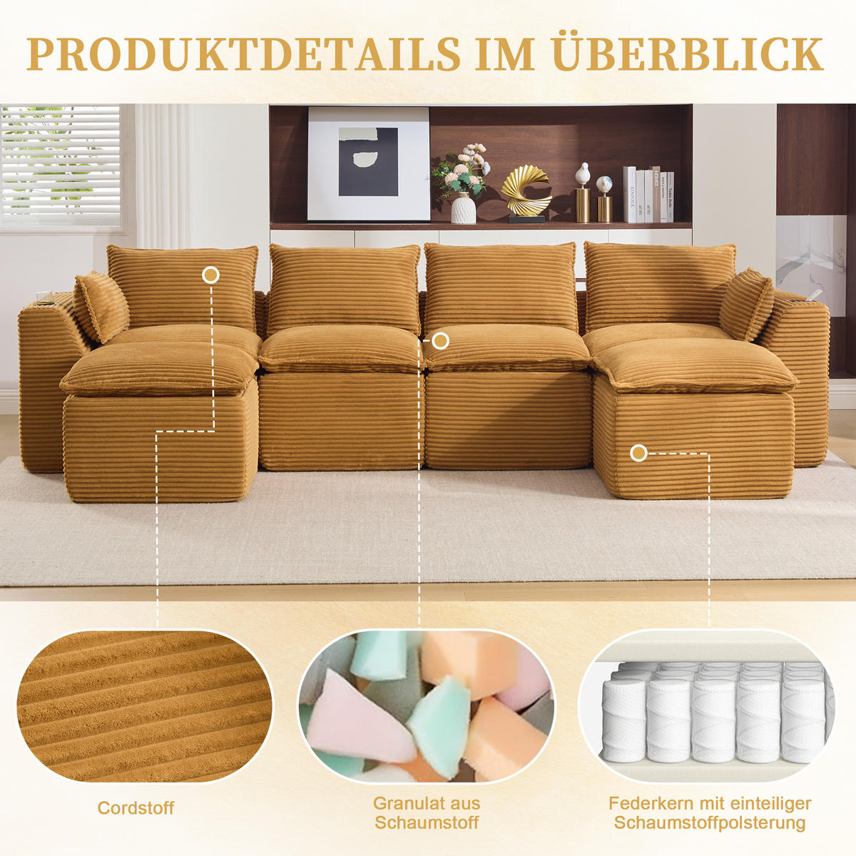 WOHNLANDSCHAFT mit Cordbezug, 2 Fußhockern, Getränkehalter und Seitentaschen in Orange - Orange, Textil (322/75/161cm) - EVRYAE