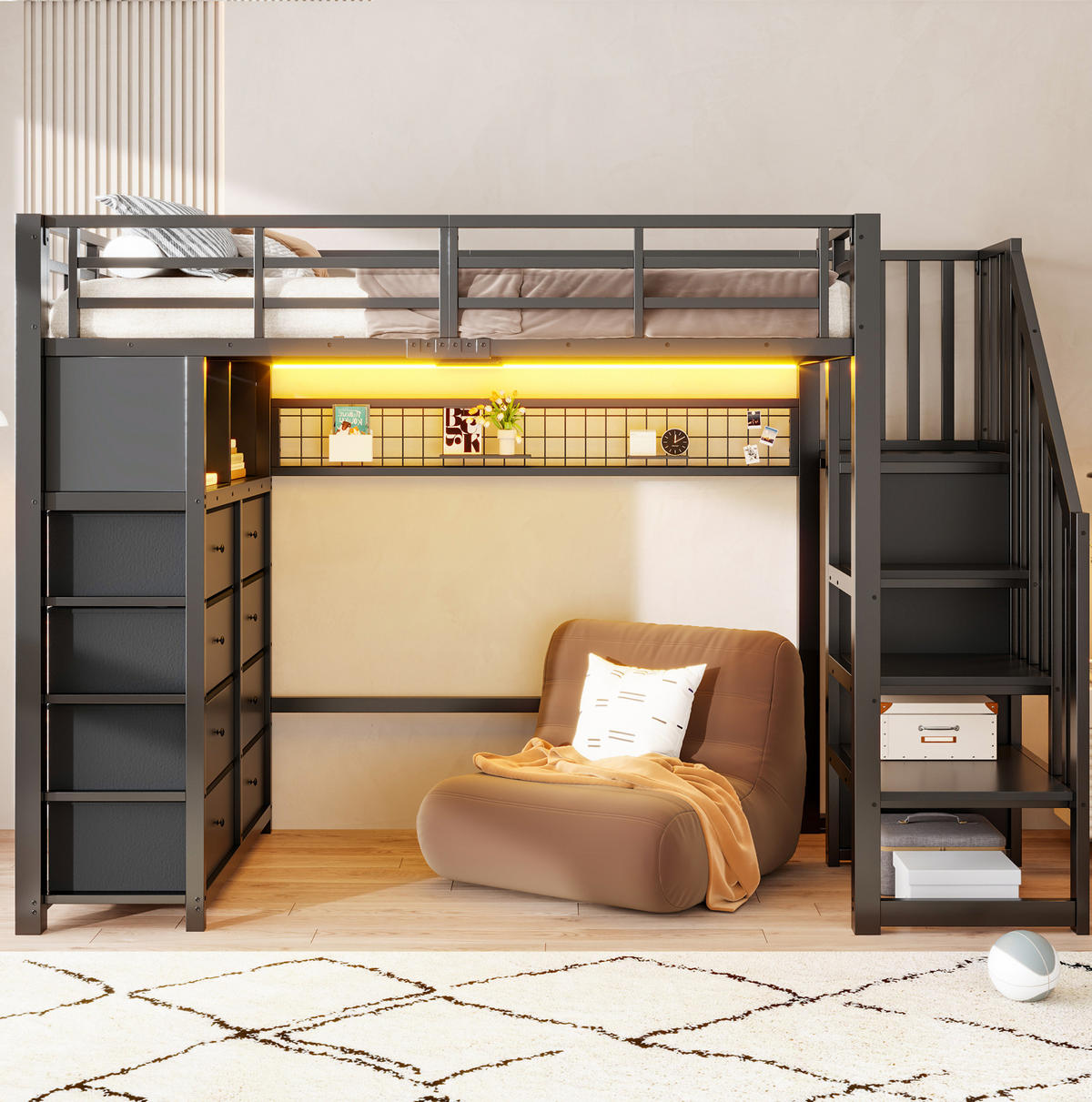 HOCHBETT Metall/MDF 90x200 cm Schwarz mit 8 Schubladen, Treppe, Kleiderschrank und LED - Schwarz, Holzwerkstoff (90/200cm) - Modfu