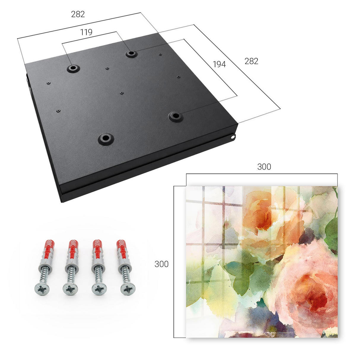 SCHLÜSSELBOX Schwarz 30x30 cm- Türöffnung nach rechts - Blumenmotiv - Grün, Metall (30/30/5cm) - TULUP