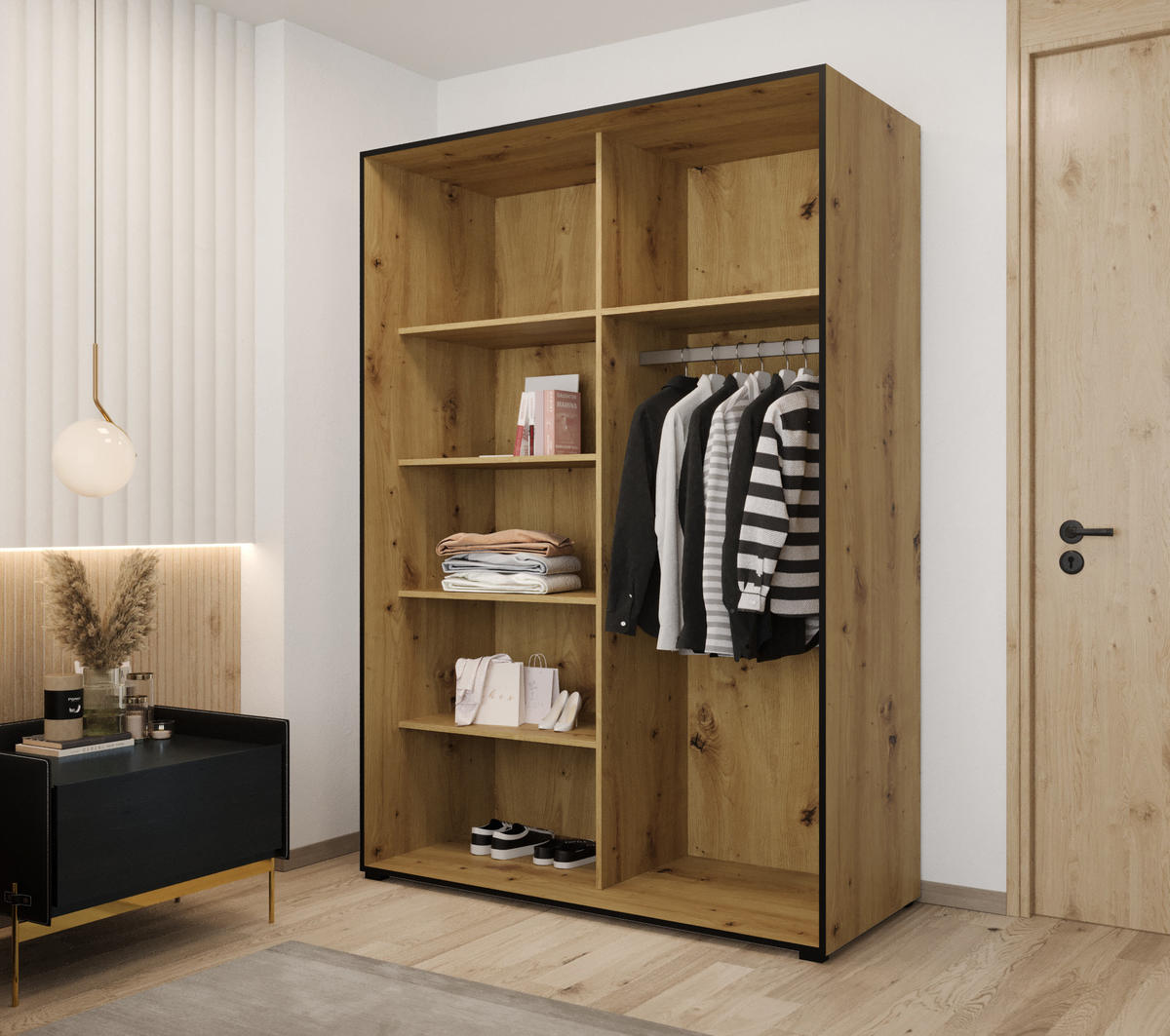 DREHTÜRENSCHRANK MODENA 180, 4-türig Kleiderschrank mit 2 Spiegel, Moderne Garderobe, Schrank in Größe: 180 x 206 x 65 cm - Schwarz/Braun, Holzwerkstoff (180/206/65cm) - O-Sofa