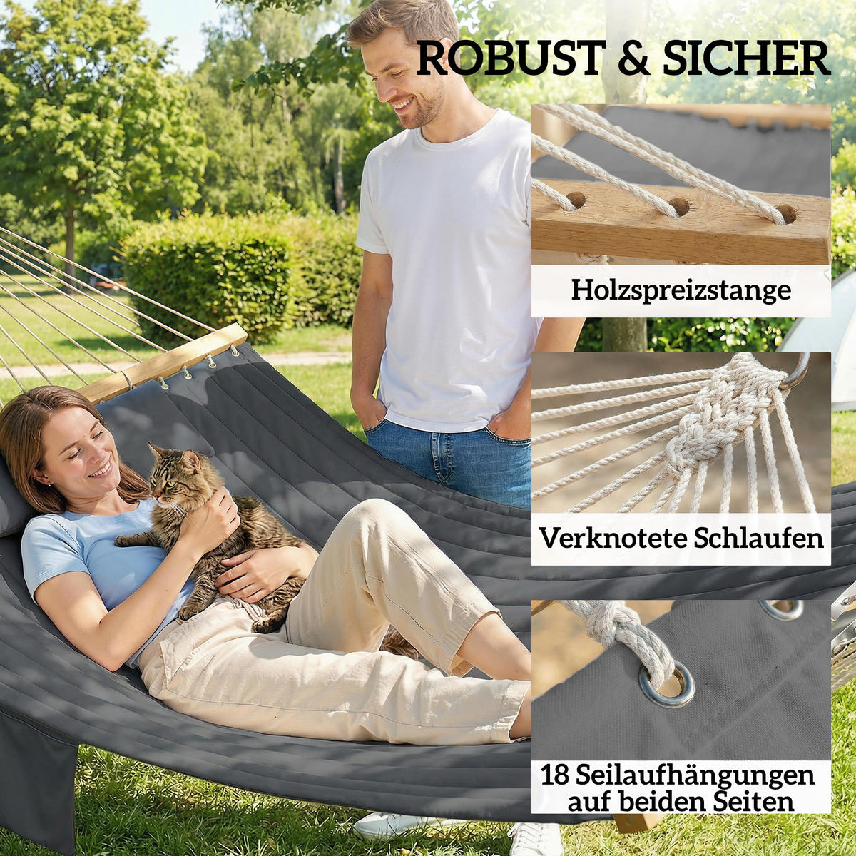 HÄNGEMATTE Buchenholz Polyester Grau - Grau, Holz/Textil (140/2.5/325cm) - Outsunny