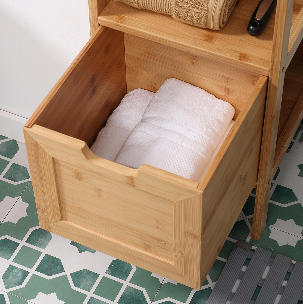 BADEZIMMERSCHRANK 30x30x90 cm Natur aus Bambus mit Kippsicherung & Schubladen - Naturfarben, Naturmaterialen (30/90/30cm) - Modfu
