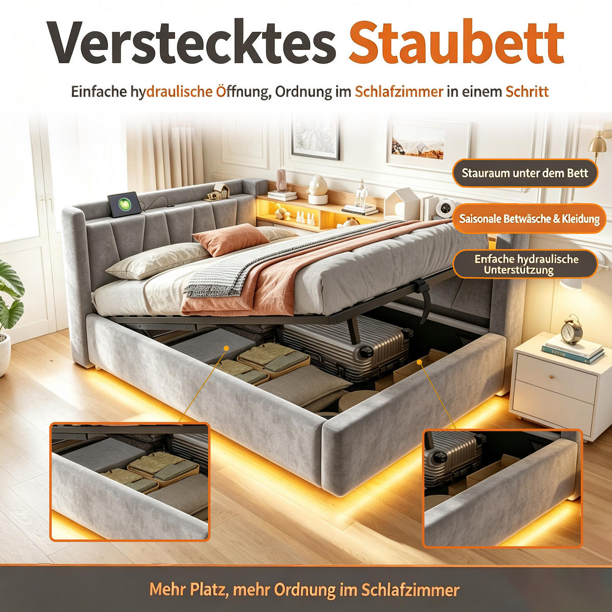 BOXBETT 140/200 mit LED/Regal/USB/Bettkasten, Samt, Grau - Grau, Holz (140/200cm) - LVHOM