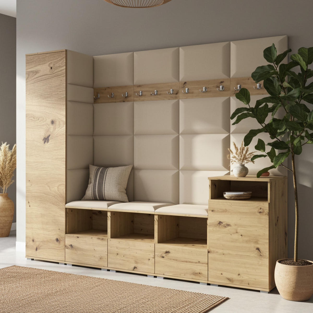 GARDEROBE NELA XI 250 cm (Modulare Flurmöbel Artisan Eiche mit Sitzpolster Beige 04 Großes Set) - Beige/Silberfarben, Holz/Holzwerkstoff (250/187/40cm) - Ravio