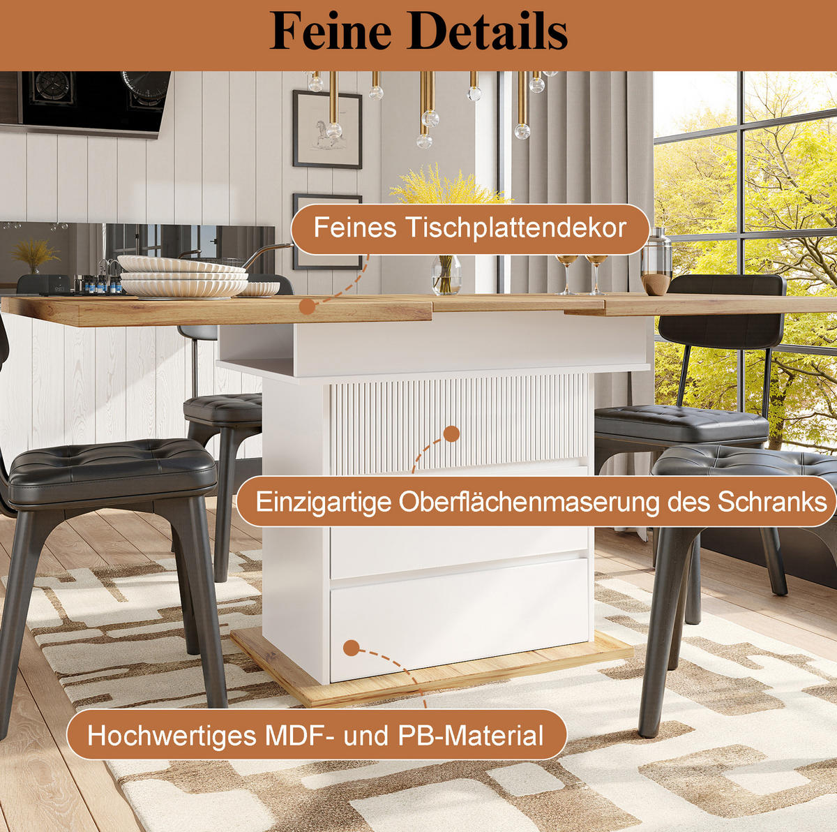 ESSTISCH aus MDF 110-140x80x75 cm Natur/Weiß ausziehbar mit Stauraum und Soft-Close-Klappe - Weiß, Holzwerkstoff (140/80/75cm) - Modfu