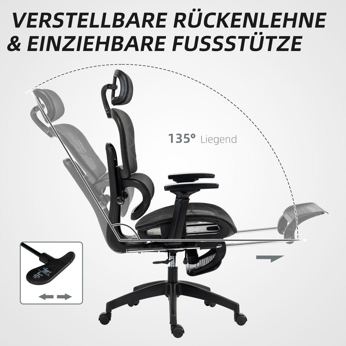 BÜROSTUHL ergonomisch mit Liegefunktion Schwarz - Schwarz, Kunststoff (64/122/66cm) - Meubliv