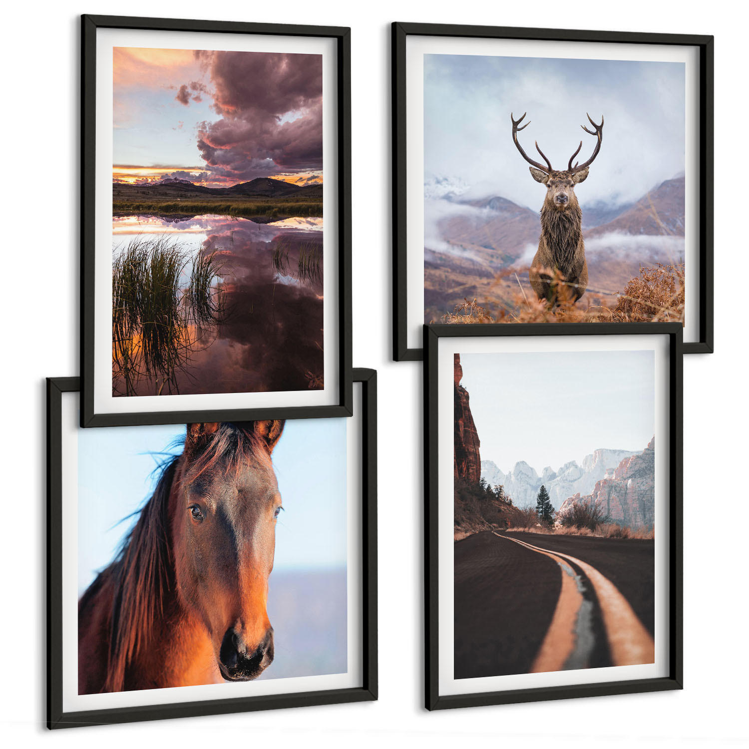 BILDER SET 4er Set - 50x50 cm & 40x60 cm Schwarzer Rahmen - Berglandschaften, Rentiere, Pferdestraße - Schwarz, Kunststoff (50/50cm) - TULUP
