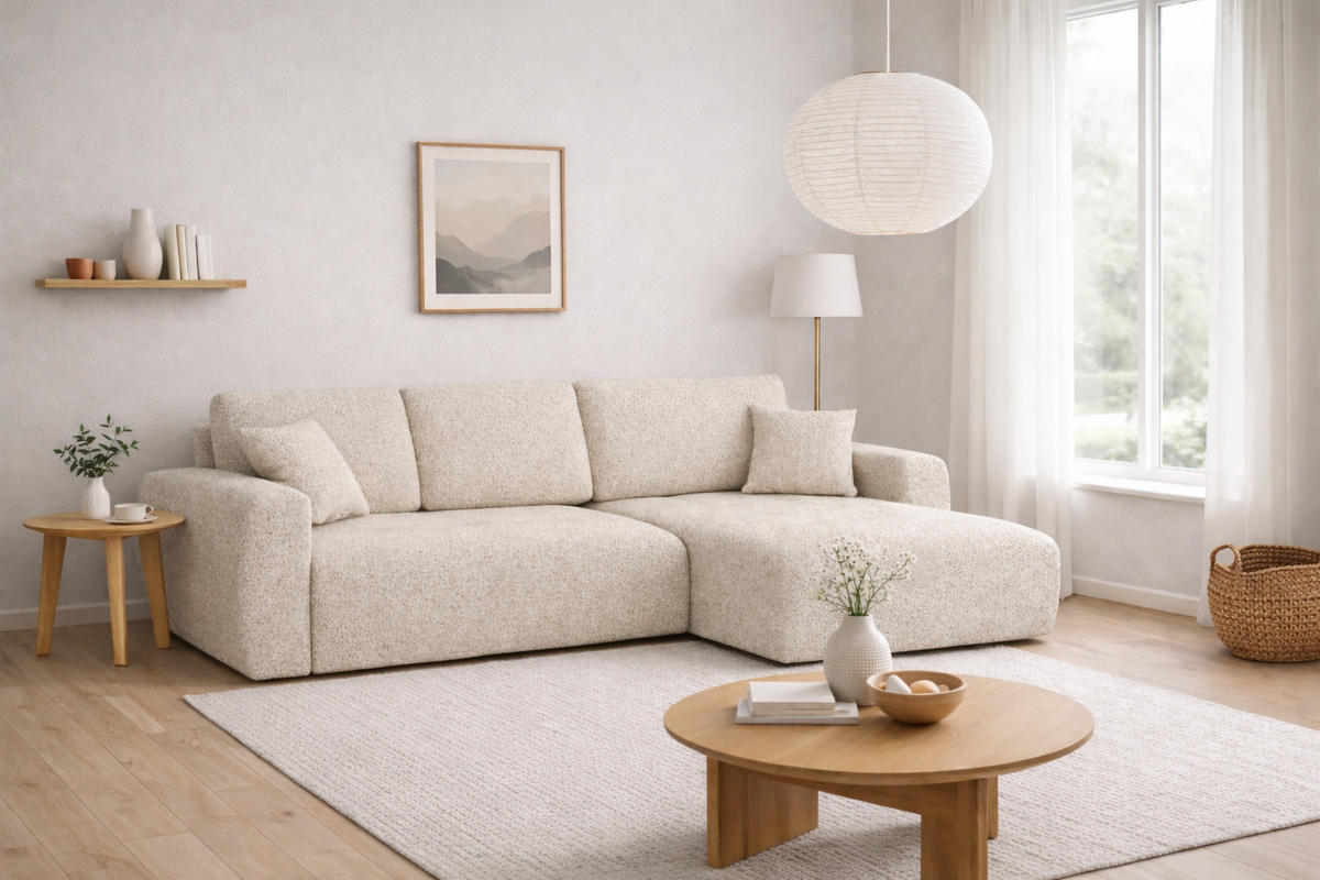 ECKSOFA Mit Schlaffunktion Und Bettkasten L-Form Ivo XL, Chenille-Stoff Artico, Nata, Rechts - Beige, Holz (280/142cm) - Kaiser Möbel