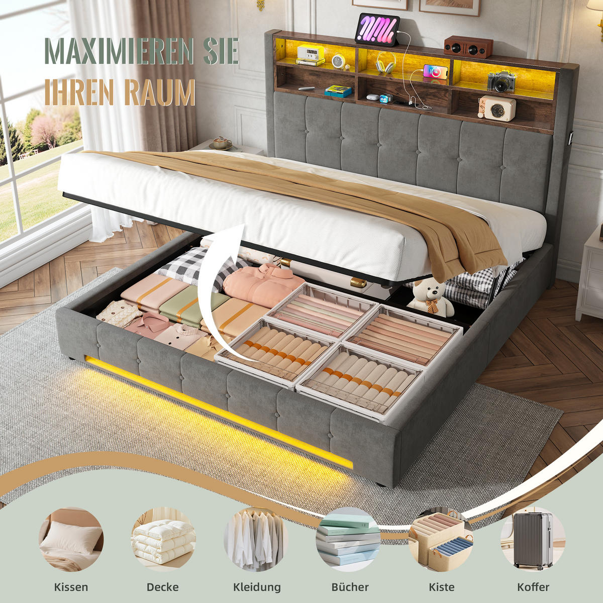 POLSTERBETT 180/200 cm Dunkelgrau mit 6 Fächer, Seitentaschen, USB-C und LED - Dunkelgrau, Textil (180/200cm) - Oxeza