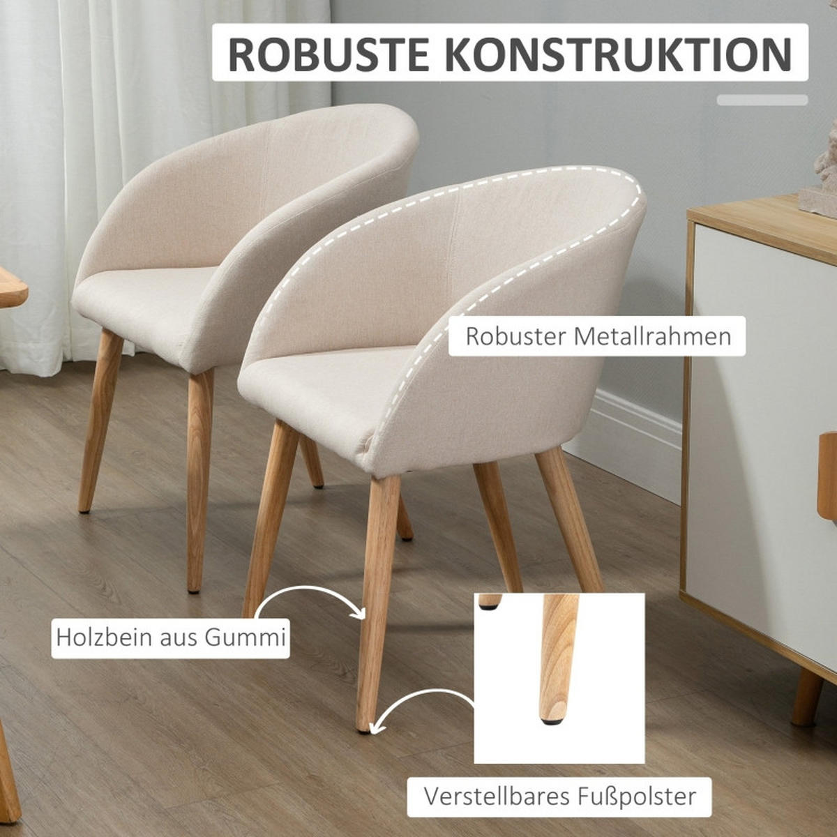 ARMLEHNSTUHL-SET DE-36045 2 Stück mit Holzbeinen Beige - Beige, Metall (55/74/56cm) - ComfortXL